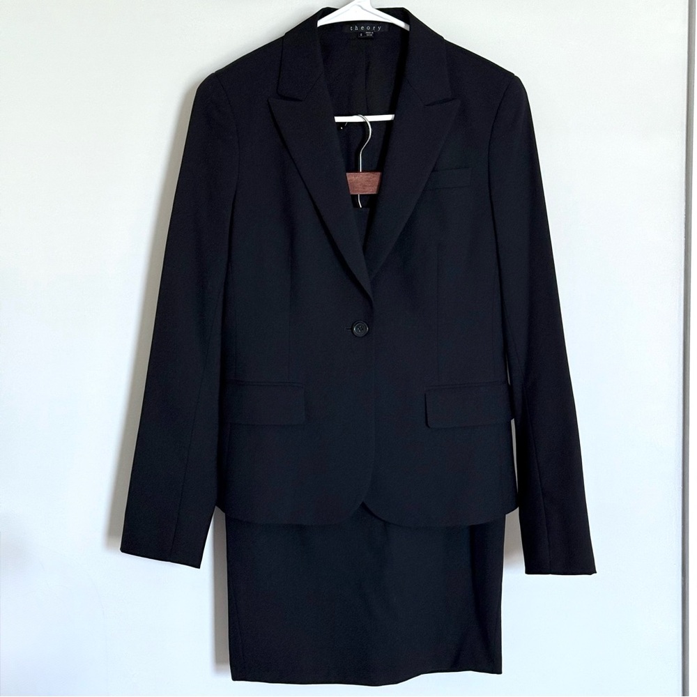 Theory Gabe B Broadway Blazer Jacket Pencil Skirt Suit Set Wool Blend Black 6